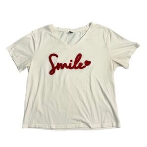SHEIN White V Neck T Shirt Red Embroidered Smile Heart Tee Women Size M *STAIN